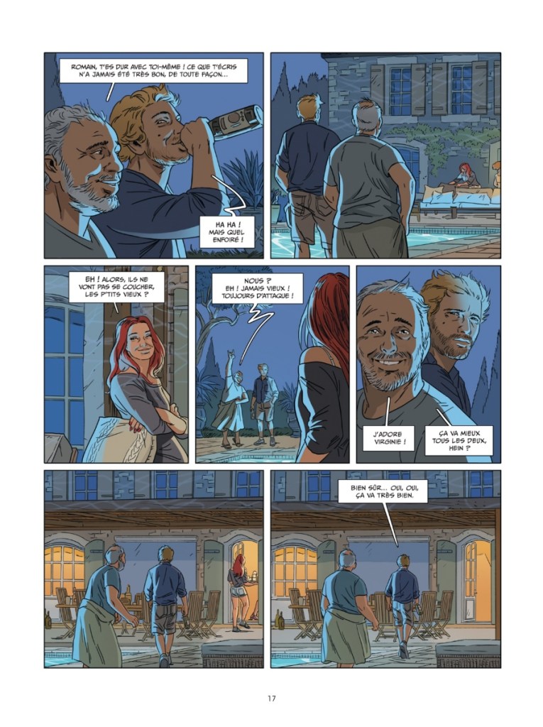 Une scène d'une bande dessinée montrant plusieurs personnages dans un cadre en soirée, avec un homme buvant et riant, des conversations amicales, et une femme au premier plan. L'ambiance est détendue et conviviale.