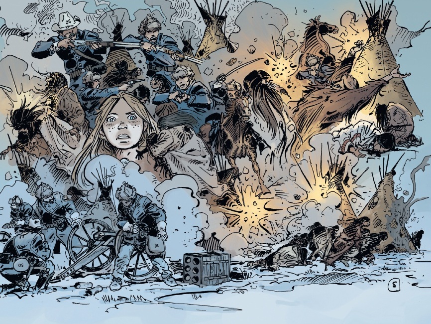 A chaotic battle scene depicting conflict between soldiers and indigenous people, with explosions, smoke, and frightened civilians in the foreground.