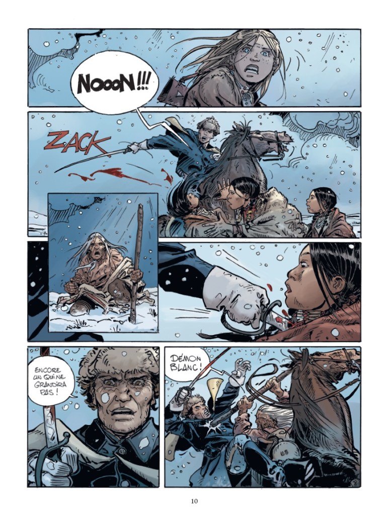 A comic book panel depicting a dramatic scene with characters in winter clothing, expressing fear and shock. One character shouts 'Nooon!!!' while others react in distress. A figure is shown with a weapon, amid snow and a sense of conflict. The panel includes close-ups of characters' faces conveying intense emotions.