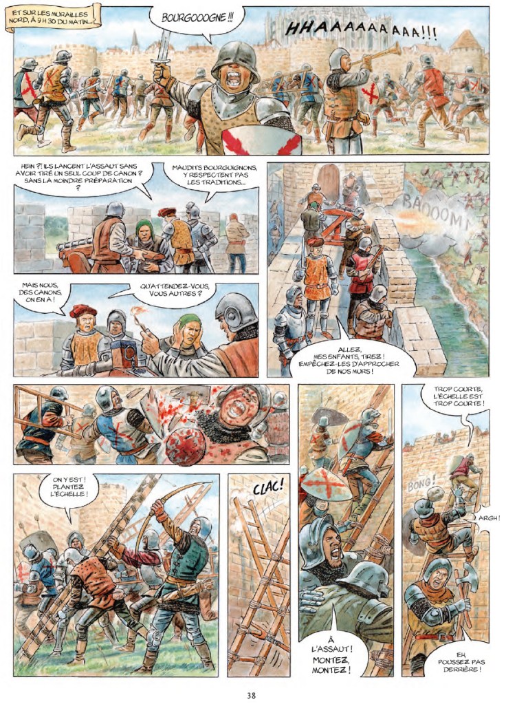 Une bande dessinée illustrant une scène de bataille médiévale avec des soldats en armure attaquant un château.