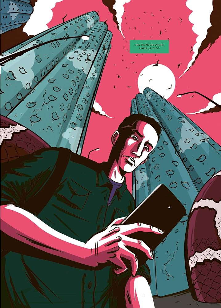 A man holding a smartphone, looking up at towering buildings against a pink sky with clouds and a large moon, while a green speech bubble in French mentions a rumor in the city.