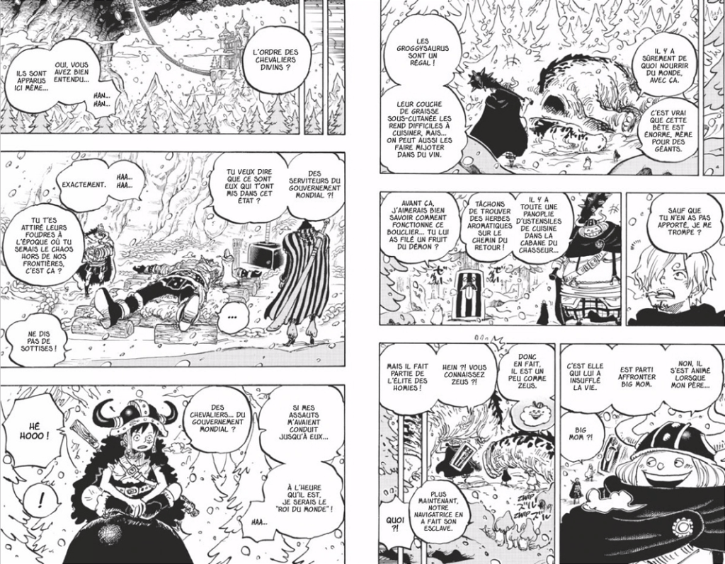 Une scène de bande dessinée représentant des personnages discutant dans un environnement enneigé avec des arbres et une structure au fond.