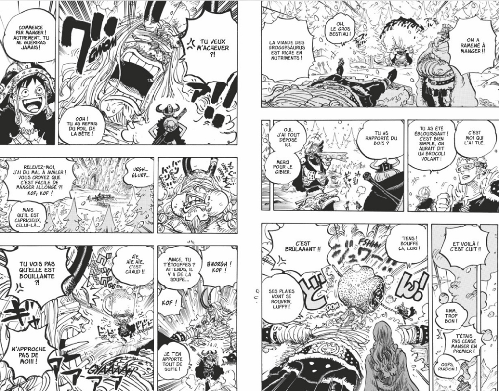 Une scène de manga montrant des personnages en train de discuter et de préparer de la nourriture, avec des expressions exagérées et comiques.