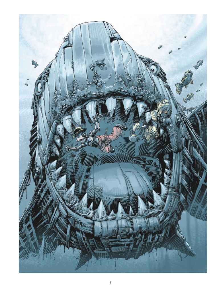 Illustration d'une énorme créature marine en bois avec une bouche grande ouverte, révélant des personnages et des poissons à l'intérieur.
