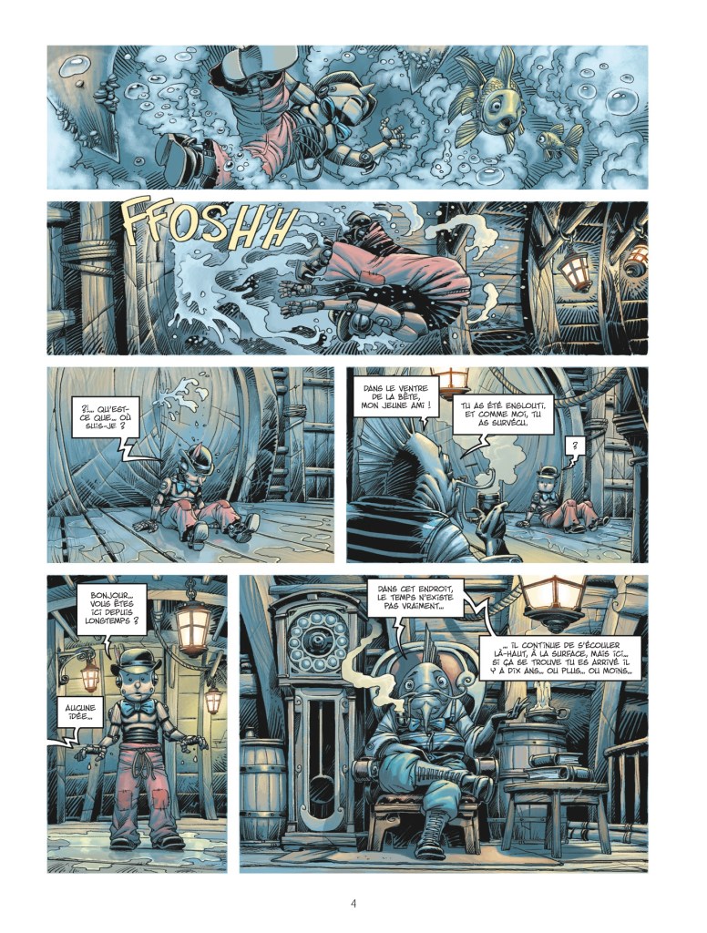Une bande dessinée montrant un personnage robotique sous l'eau, entouré de poissons et de bulles, avec des dialogues indiquant une conversation mystérieuse.