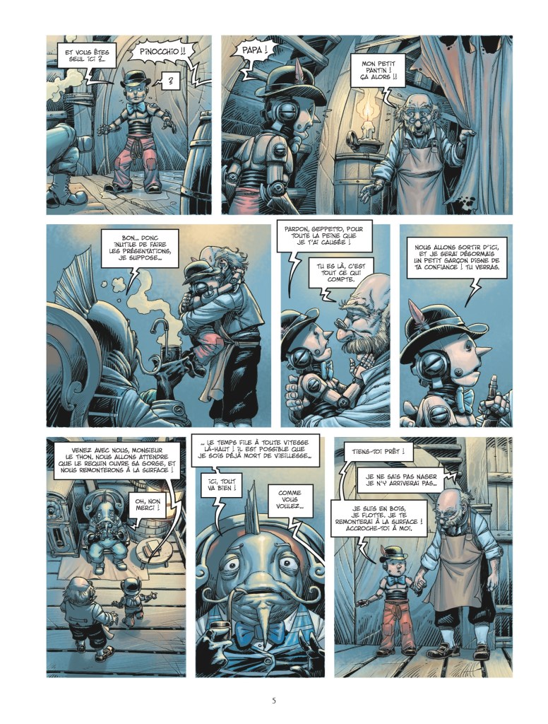 Une planche de bande dessinée montrant Pinocchio et Geppetto dans une scène d'aventure sous-marine.
