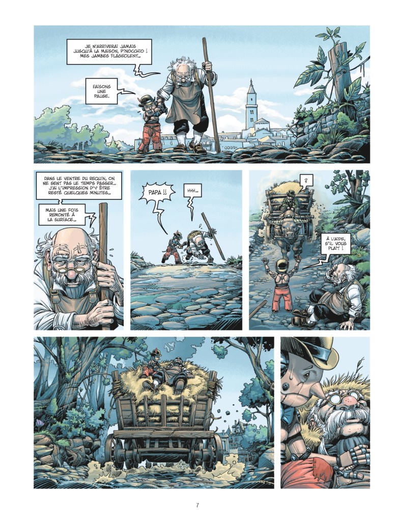 Une scène d'une bande dessinée montrant un personnage âgé accompagnant un jeune garçon sur un chemin de campagne. Ils s'arrêtent pour faire une pause. Des dialogues écrits apparaissent à l'écran.