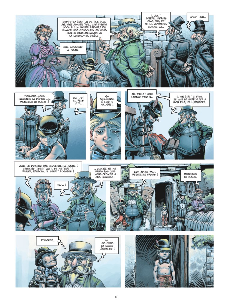 Une bande dessinée avec plusieurs personnages discutant autour d'une table, dont un homme avec une moustache, une femme en robe, et un enfant. L'ambiance semble mystérieuse avec des thèmes de légendes et d'histoires étranges.