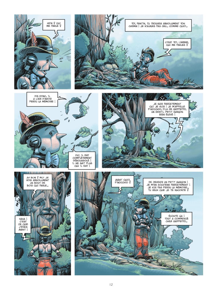 Une planche de bande dessinée montrant un personnage de marionnette, en costumes, discutant avec un arbre parlant dans une forêt. Le personnage exprime des doutes sur son identité, tandis que l'arbre tente de lui rappeler sa mémoire.