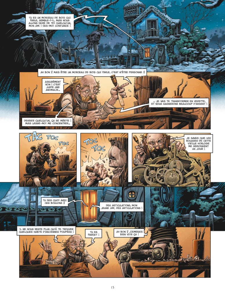 Une page de bande dessinée montrant un vieillard travaillant sur un morceau de bois qui parle, dans un atelier rustique, avec une maison en arrière-plan sous la neige.