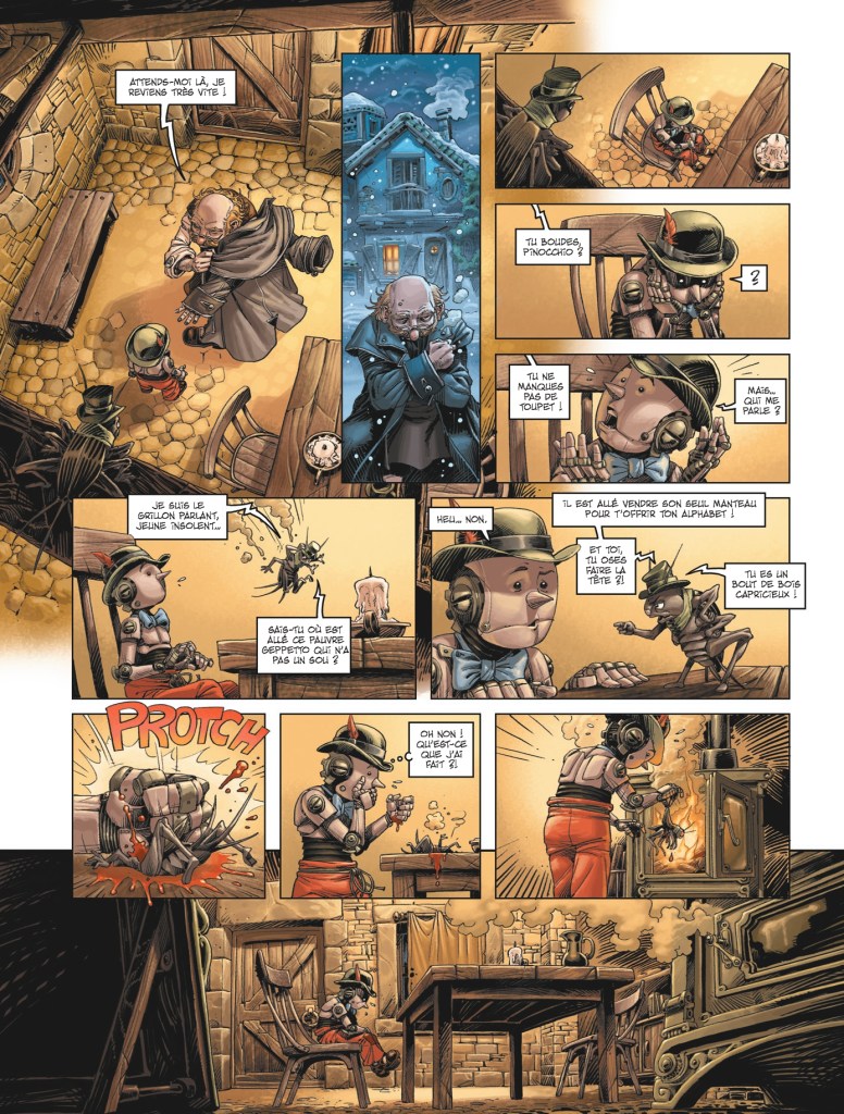 Une scène de bande dessinée montrant un personnage ressemblant à Pinocchio dans une pièce chaleureuse, discutant avec un criket et un vieil homme. L'environnement évoque une ambiance médiévale avec des meubles en bois, une cheminée et des flocons de neige à l'extérieur.