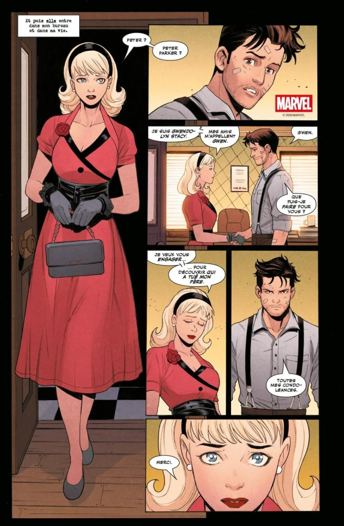 A comic book panel featuring two characters, a woman in a red dress and a man in a gray shirt with suspenders, in a dialogue. The woman introduces herself as Gwen Stacy, expressing concern about her father's death, while the man offers condolences.