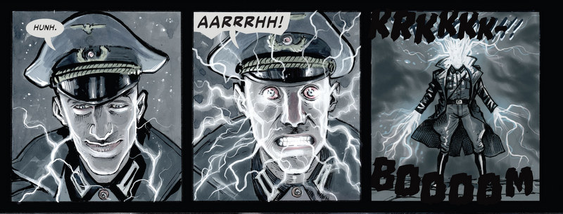 Comic panel showing a man in a military uniform with a smirk, reacting with shock and fear as electricity surrounds him and explodes.
