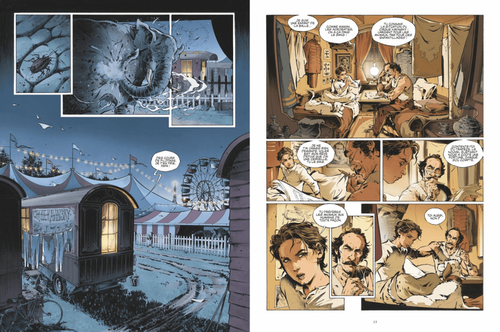 Une scène illustrée d'une bande dessinée représentant un éléphant en train de s'échapper d'un cirque, avec des étiquettes de dialogue et une ambiance nocturne.