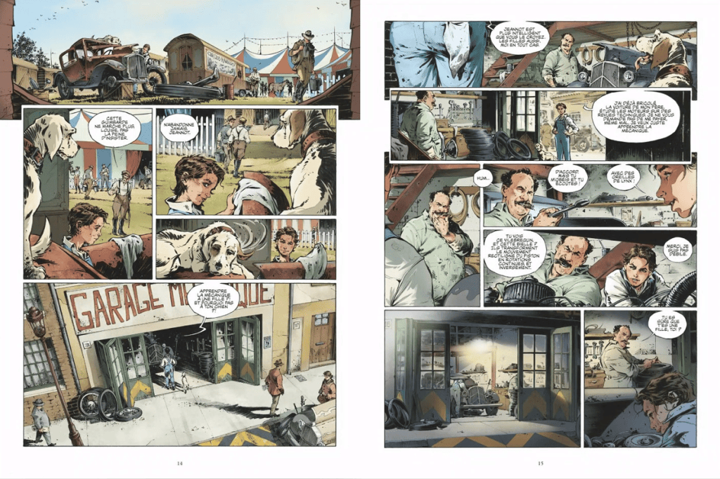 Une planche de bande dessinée montrant un garage avec des personnages discutant, un chien à côté d'une jeune fille, et un homme en train de réparer une voiture.