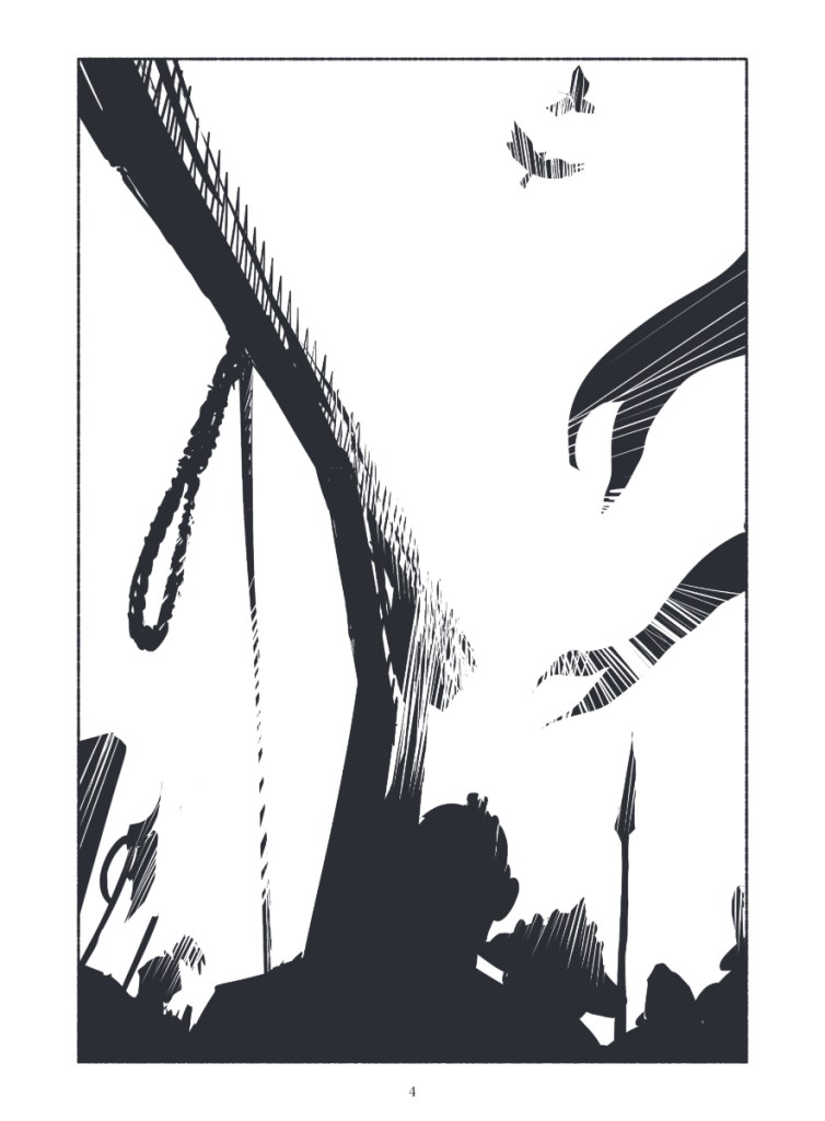 Une vue d'une scène dramatique avec une corde suspendue, des silhouettes de personnages et des oiseaux volant dans un ciel clair.