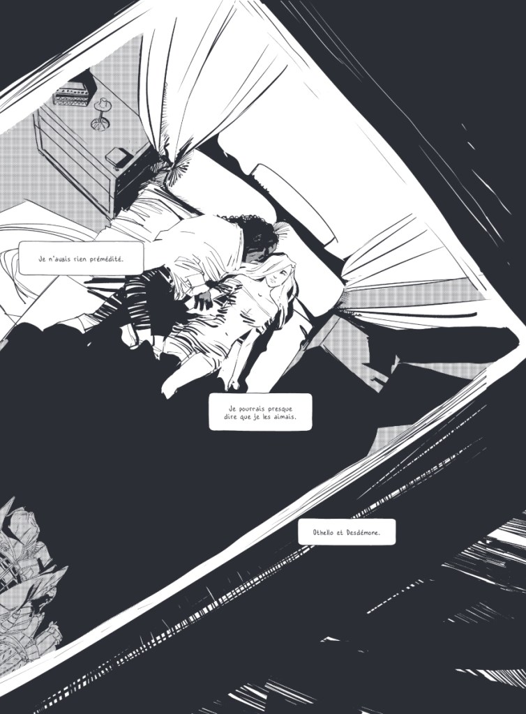 Une scène de chambre où deux personnes se reposent ensemble, avec des dialogues sur leurs sentiments, le tout représenté dans un style de bande dessinée noir et blanc.