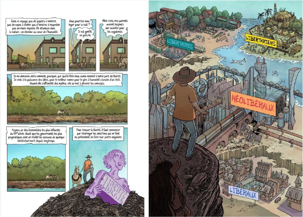 Une bande dessinée illustrant un contraste entre deux visions de la liberté, avec des personnages et des paysages symboliques.