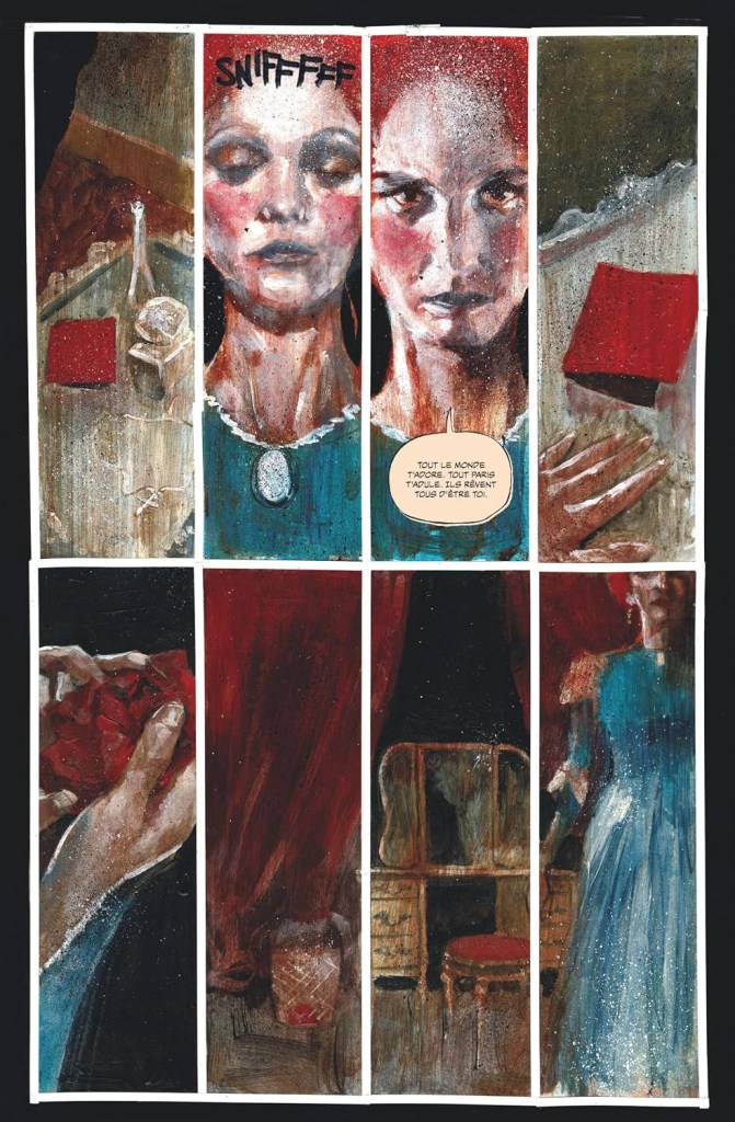 Une bande dessinée avec des illustrations poignantes de femmes, présentées en plusieurs cases. Une femme au regard intense inspire des émotions, tandis qu'une autre tenue de bleu semble pensive. Des objets symboliques comme une boîte rouge et un coeur en papier d'une teinte similaire sont présents, suggérant des thèmes de mémoire et de nostalgie.