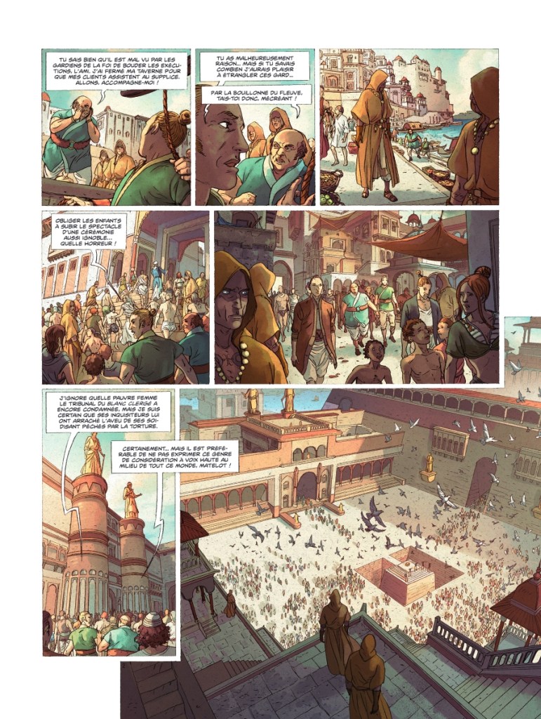 Bande dessinée illustrant une scène animée dans une ville ancienne, avec des personnages en dialogue, des foules dans une place centrale, et des bâtiments architecturaux ainsi que des statues.