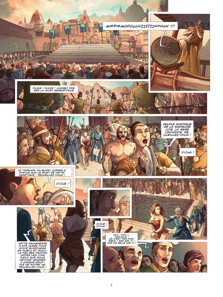 Scène de foule en adoration dans une ville antique, avec des personnages sur des marches prononçant des discours et une attention intense du public.