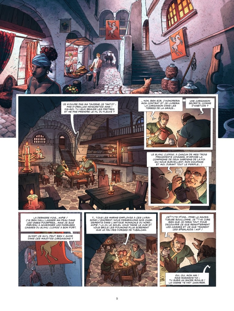 Une taverne médiévale animée avec des personnages discutant autour d'une table, des bougies allumées, et un décor rustique incluant des étagères et des bibelots.