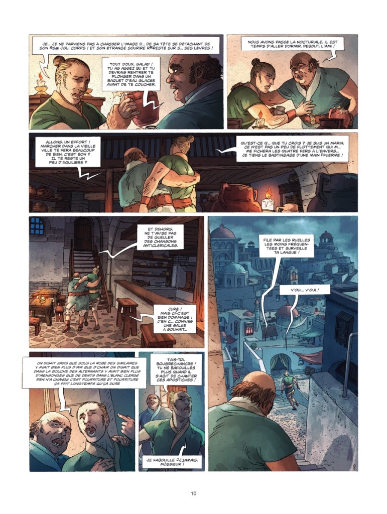 Une scène de bande dessinée montrant plusieurs personnages dans une taverne, en train de discuter et de plaisanter. Les personnages sont dessiné avec des expressions animées, et l'arrière-plan montre une architecture ancienne avec des lumières du soir.