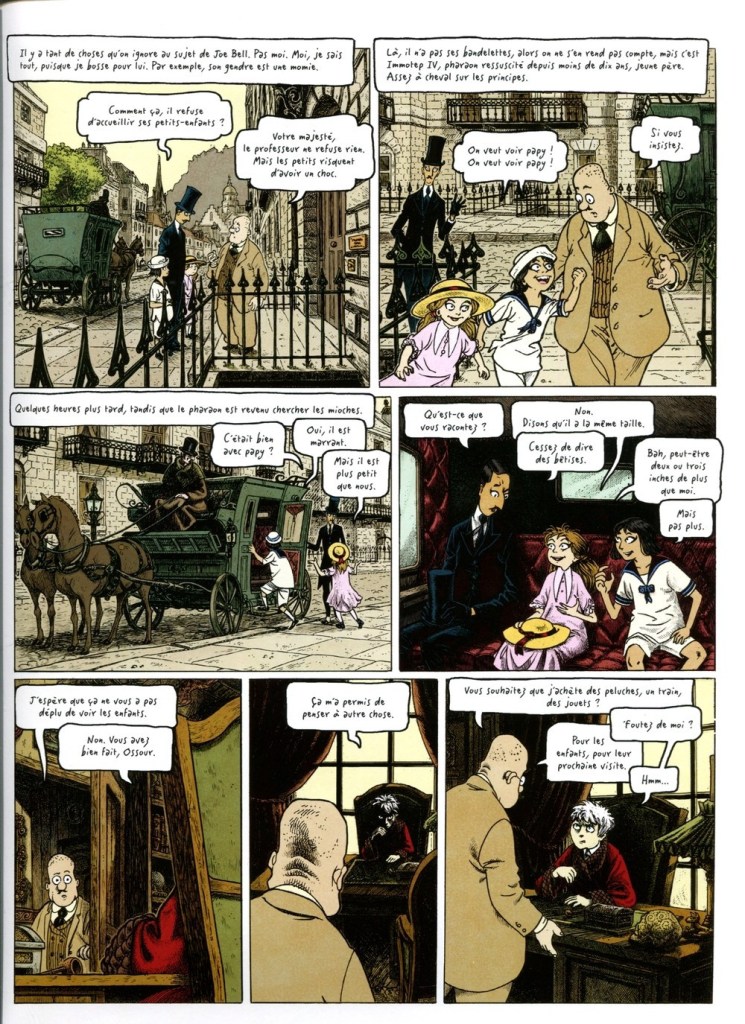 Une bande dessinée représentant des personnages discutant dans un environnement urbain ancien, avec des voitures à cheval et des enfants.