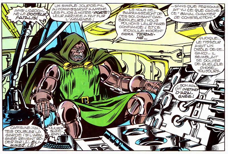 A comic book panel featuring a character in a green cloak with metallic armor sitting at a control panel, surrounded by futuristic machinery. The character looks serious while interacting with various buttons and screens. Text in French appears in speech bubbles around the character.