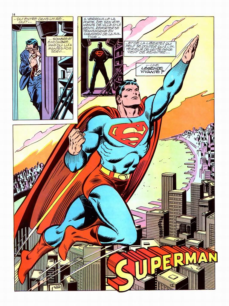 A comic book page featuring Superman in his classic blue and red costume, soaring above a city skyline with a determined expression. The panel includes dialogue boxes depicting a conversation about his heroic nature.