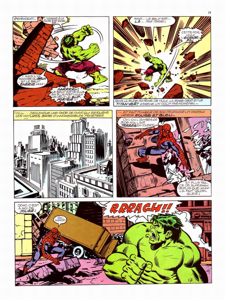 A comic book page featuring the Hulk and Spider-Man in an urban setting, with the Hulk expressing anger and causing destruction. Spider-Man appears to be observing and preparing to act.